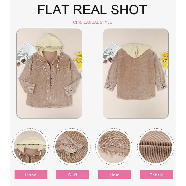 Dokotoo Womens 2023 Fall Corduroy Shacket Jacket Long Sleeve Button Down Color Block Hooded Coat with Pockets