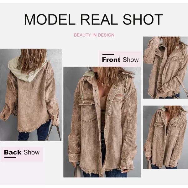 Dokotoo Womens 2023 Fall Corduroy Shacket Jacket Long Sleeve Button Down Color Block Hooded Coat with Pockets