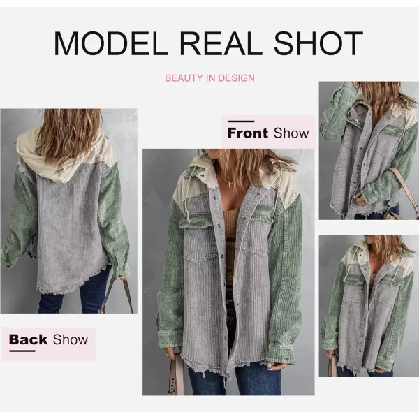 Dokotoo Womens 2023 Fall Corduroy Shacket Jacket Long Sleeve Button Down Color Block Hooded Coat with Pockets