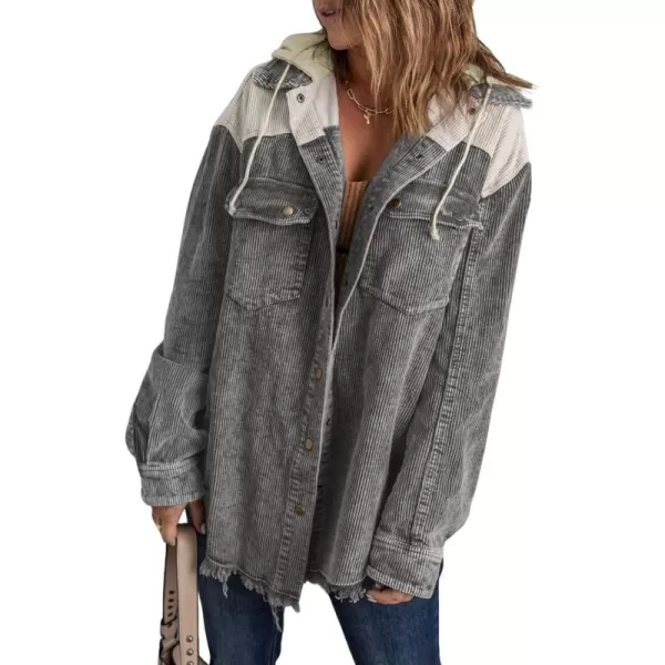 Dokotoo Womens 2023 Fall Corduroy Shacket Jacket Long Sleeve Button Down Color Block Hooded Coat with Pockets