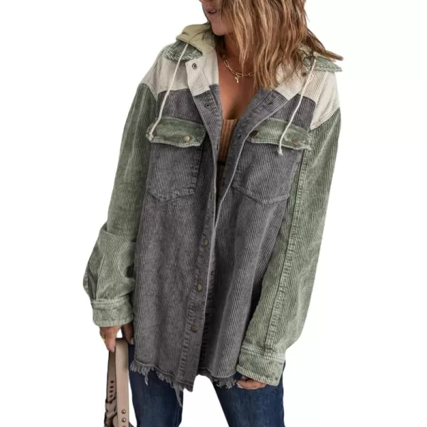 Dokotoo Womens 2023 Fall Corduroy Shacket Jacket Long Sleeve Button Down Color Block Hooded Coat with Pockets