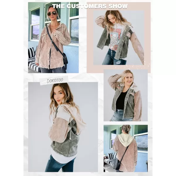 Dokotoo Womens 2023 Fall Corduroy Shacket Jacket Long Sleeve Button Down Color Block Hooded Coat with Pockets