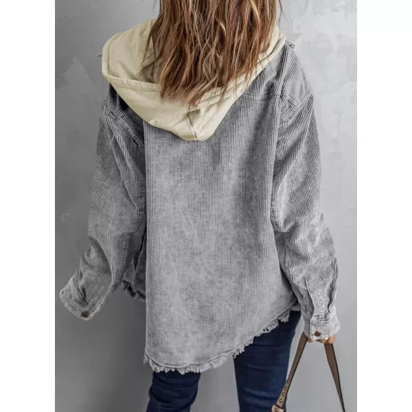 Dokotoo Womens 2023 Fall Corduroy Shacket Jacket Long Sleeve Button Down Color Block Hooded Coat with Pockets