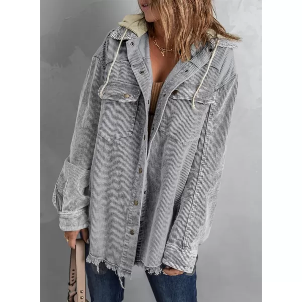 Dokotoo Womens 2023 Fall Corduroy Shacket Jacket Long Sleeve Button Down Color Block Hooded Coat with Pockets