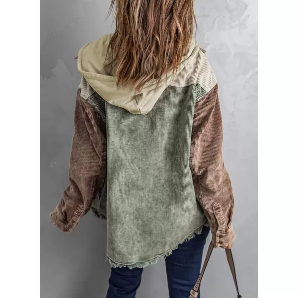 Dokotoo Womens 2023 Fall Corduroy Shacket Jacket Long Sleeve Button Down Color Block Hooded Coat with Pockets