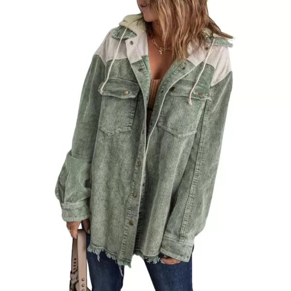 Dokotoo Womens 2023 Fall Corduroy Shacket Jacket Long Sleeve Button Down Color Block Hooded Coat with Pockets