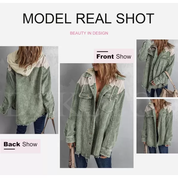 Dokotoo Womens 2023 Fall Corduroy Shacket Jacket Long Sleeve Button Down Color Block Hooded Coat with Pockets