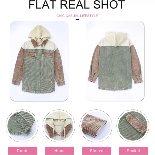Dokotoo Womens 2023 Fall Corduroy Shacket Jacket Long Sleeve Button Down Color Block Hooded Coat with Pockets