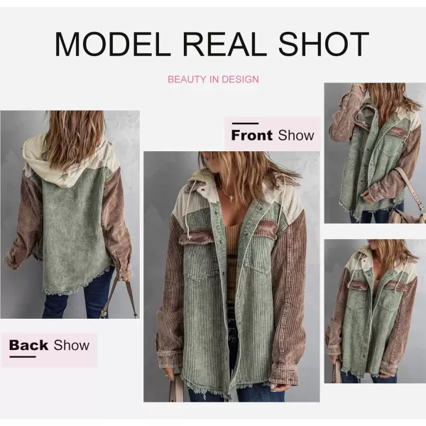 Dokotoo Womens 2023 Fall Corduroy Shacket Jacket Long Sleeve Button Down Color Block Hooded Coat with Pockets