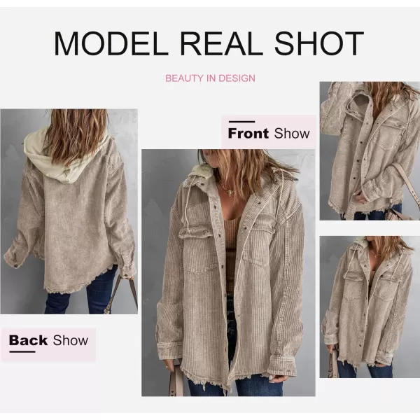 Dokotoo Womens 2023 Fall Corduroy Shacket Jacket Long Sleeve Button Down Color Block Hooded Coat with Pockets