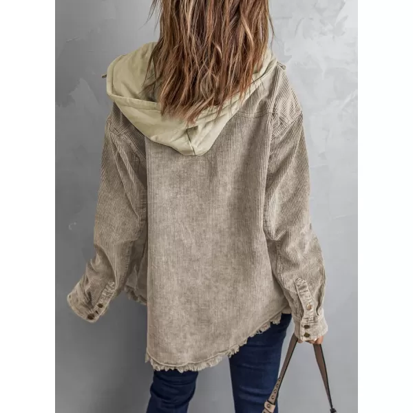 Dokotoo Womens 2023 Fall Corduroy Shacket Jacket Long Sleeve Button Down Color Block Hooded Coat with Pockets