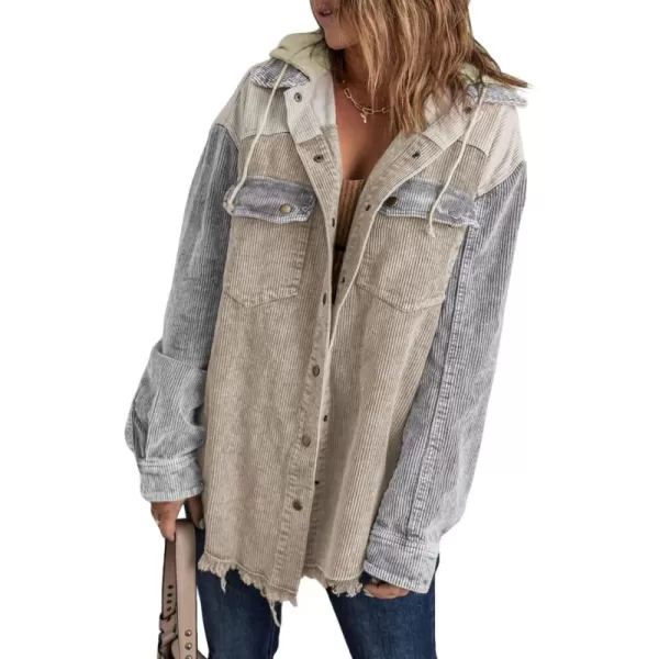 Dokotoo Womens 2023 Fall Corduroy Shacket Jacket Long Sleeve Button Down Color Block Hooded Coat with Pockets