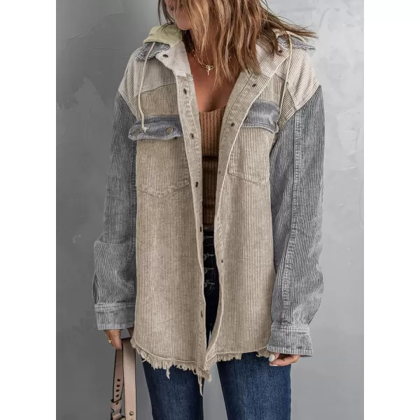 Dokotoo Womens 2023 Fall Corduroy Shacket Jacket Long Sleeve Button Down Color Block Hooded Coat with Pockets