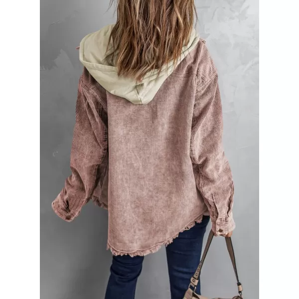 Dokotoo Womens 2023 Fall Corduroy Shacket Jacket Long Sleeve Button Down Color Block Hooded Coat with Pockets