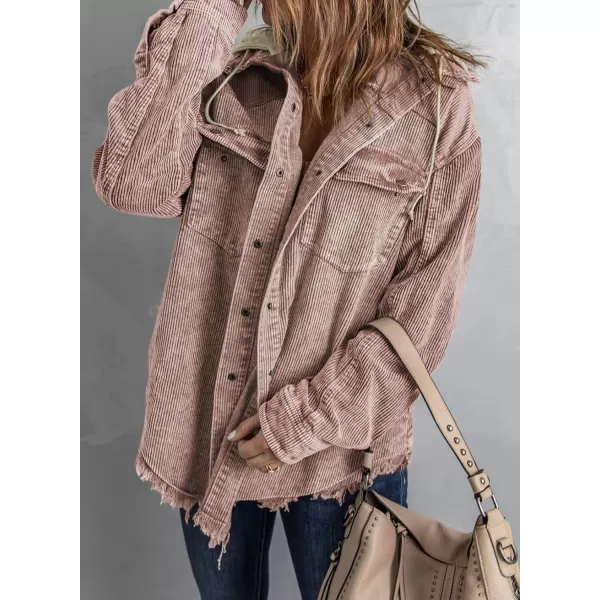 Dokotoo Womens 2023 Fall Corduroy Shacket Jacket Long Sleeve Button Down Color Block Hooded Coat with Pockets