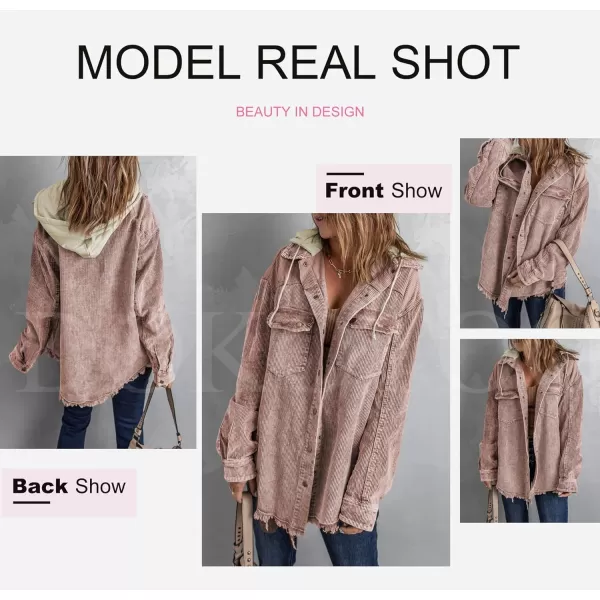 Dokotoo Womens 2023 Fall Corduroy Shacket Jacket Long Sleeve Button Down Color Block Hooded Coat with Pockets