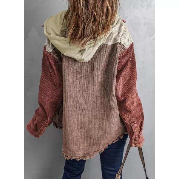 Dokotoo Womens 2023 Fall Corduroy Shacket Jacket Long Sleeve Button Down Color Block Hooded Coat with Pockets