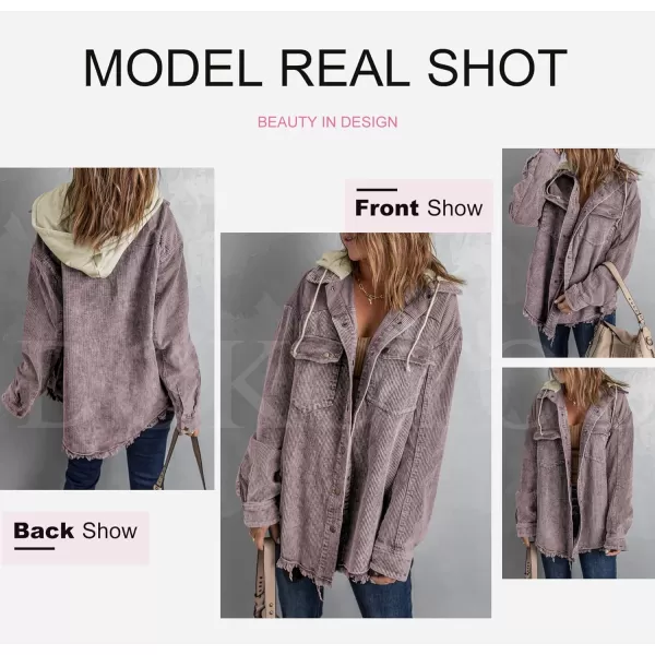 Dokotoo Womens 2023 Fall Corduroy Shacket Jacket Long Sleeve Button Down Color Block Hooded Coat with Pockets