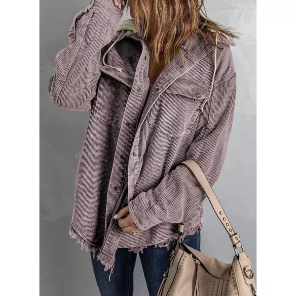 Dokotoo Womens 2023 Fall Corduroy Shacket Jacket Long Sleeve Button Down Color Block Hooded Coat with Pockets