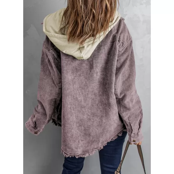 Dokotoo Womens 2023 Fall Corduroy Shacket Jacket Long Sleeve Button Down Color Block Hooded Coat with Pockets