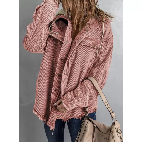 Dokotoo Womens 2023 Fall Corduroy Shacket Jacket Long Sleeve Button Down Color Block Hooded Coat with Pockets