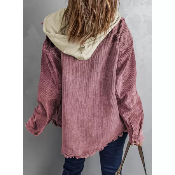 Dokotoo Womens 2023 Fall Corduroy Shacket Jacket Long Sleeve Button Down Color Block Hooded Coat with Pockets