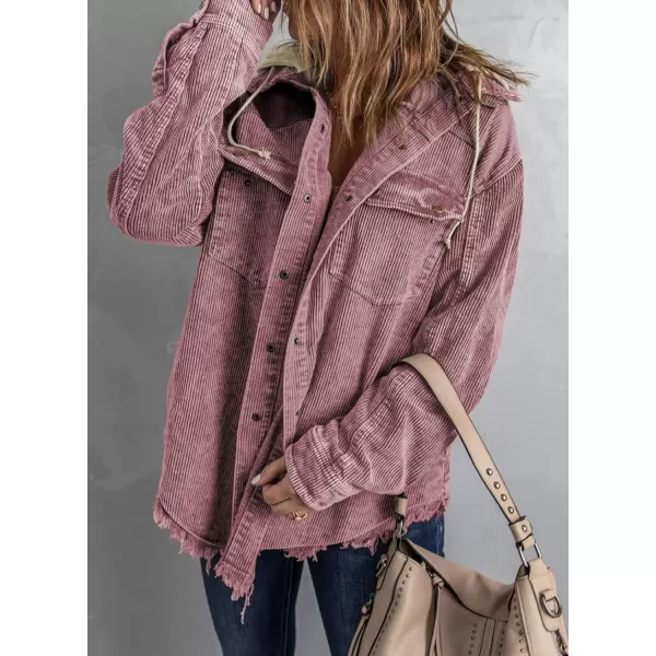 Dokotoo Womens 2023 Fall Corduroy Shacket Jacket Long Sleeve Button Down Color Block Hooded Coat with Pockets
