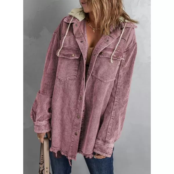 Dokotoo Womens 2023 Fall Corduroy Shacket Jacket Long Sleeve Button Down Color Block Hooded Coat with Pockets