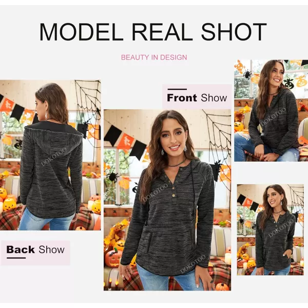 Dokotoo Womens 2023 Fashion Fall Button Collar Drawstring Stitching Sweatshirts Hoodies Pullover