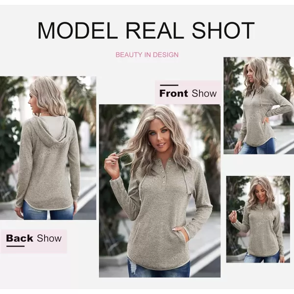 Dokotoo Womens 2023 Fashion Fall Button Collar Drawstring Stitching Sweatshirts Hoodies Pullover