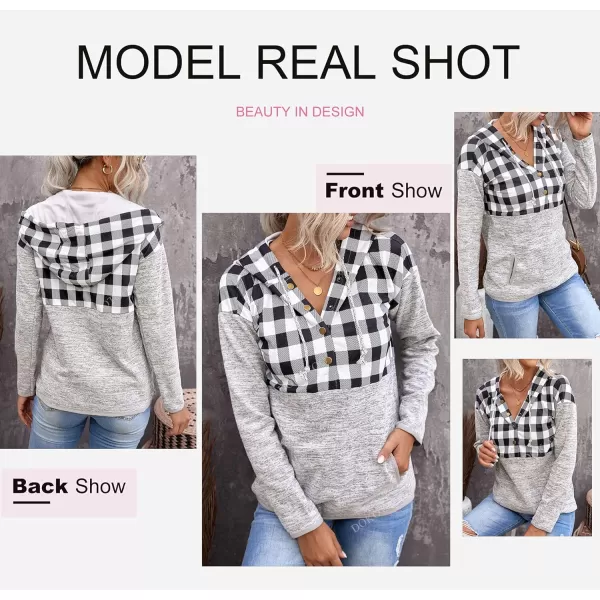 Dokotoo Womens 2023 Fashion Fall Button Collar Drawstring Stitching Sweatshirts Hoodies Pullover