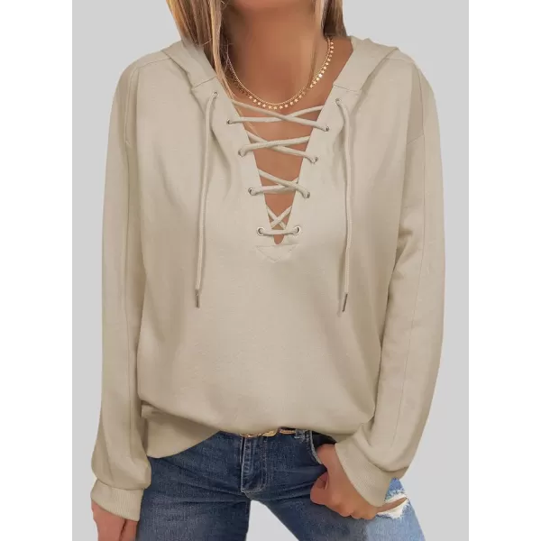 Dokotoo Womens 2023 Fashion Lace Up V Neck Drawstring Hoodies Sweatshirt Pullover Tops