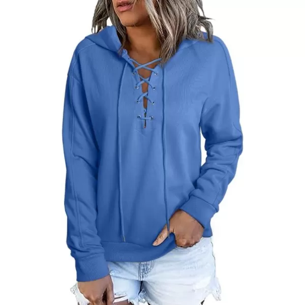 Dokotoo Womens 2023 Fashion Lace Up V Neck Drawstring Hoodies Sweatshirt Pullover Tops