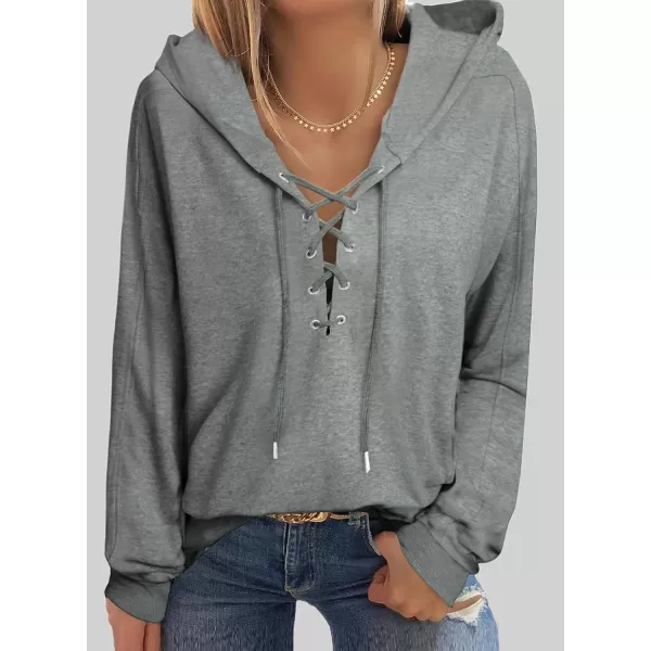 Dokotoo Womens 2023 Fashion Lace Up V Neck Drawstring Hoodies Sweatshirt Pullover Tops