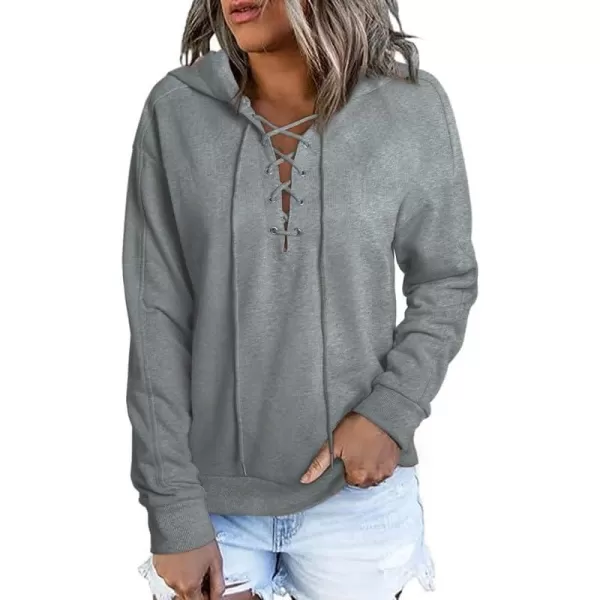 Dokotoo Womens 2023 Fashion Lace Up V Neck Drawstring Hoodies Sweatshirt Pullover Tops