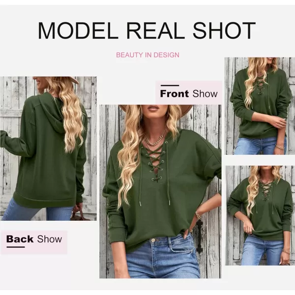 Dokotoo Womens 2023 Fashion Lace Up V Neck Drawstring Hoodies Sweatshirt Pullover Tops