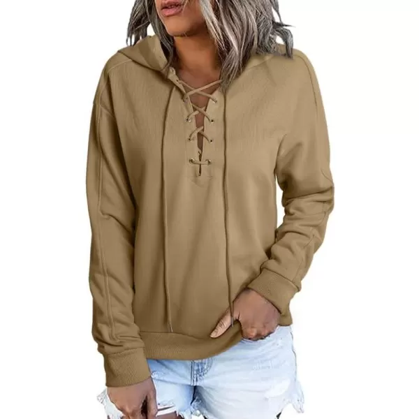 Dokotoo Womens 2023 Fashion Lace Up V Neck Drawstring Hoodies Sweatshirt Pullover Tops