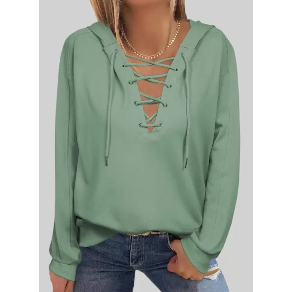 Dokotoo Womens 2023 Fashion Lace Up V Neck Drawstring Hoodies Sweatshirt Pullover Tops
