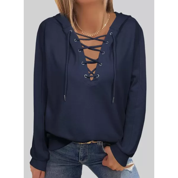 Dokotoo Womens 2023 Fashion Lace Up V Neck Drawstring Hoodies Sweatshirt Pullover Tops