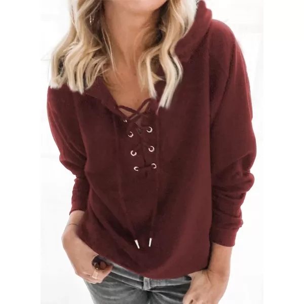 Dokotoo Womens 2023 Fashion Lace Up V Neck Drawstring Hoodies Sweatshirt Pullover Tops