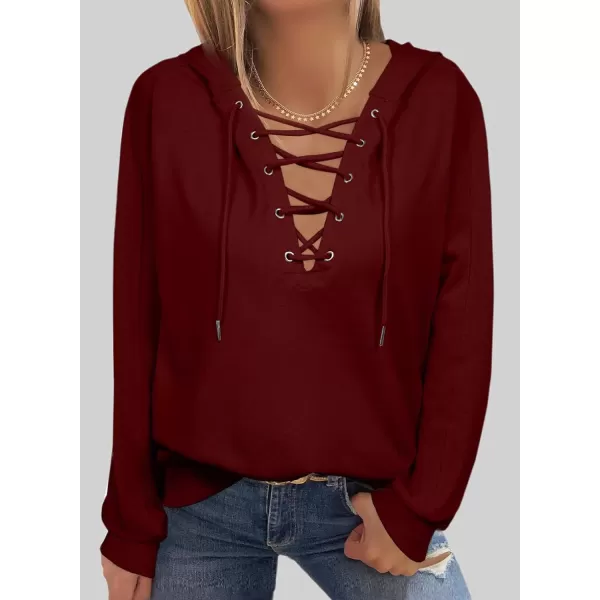 Dokotoo Womens 2023 Fashion Lace Up V Neck Drawstring Hoodies Sweatshirt Pullover Tops