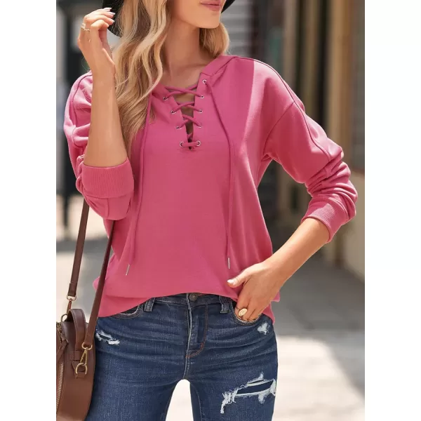 Dokotoo Womens 2023 Fashion Lace Up V Neck Drawstring Hoodies Sweatshirt Pullover Tops