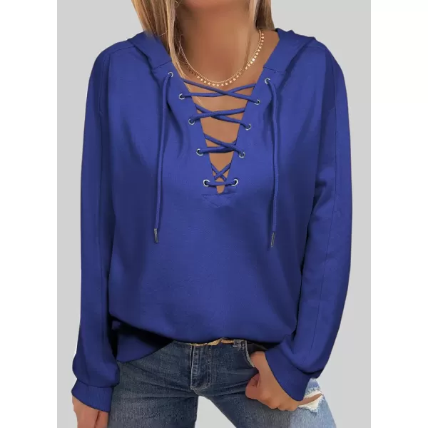 Dokotoo Womens 2023 Fashion Lace Up V Neck Drawstring Hoodies Sweatshirt Pullover Tops