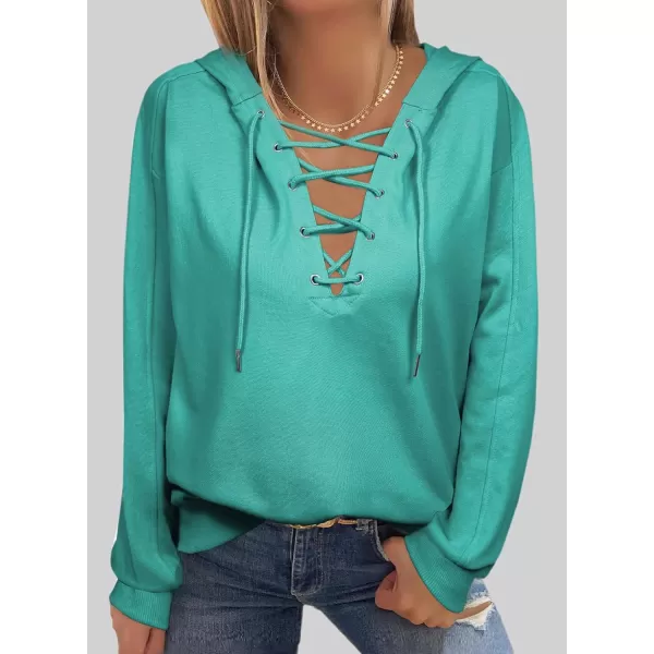 Dokotoo Womens 2023 Fashion Lace Up V Neck Drawstring Hoodies Sweatshirt Pullover Tops