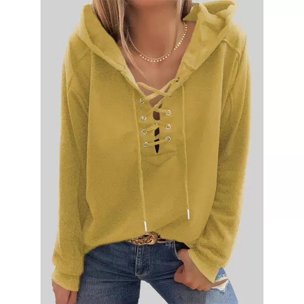 Dokotoo Womens 2023 Fashion Lace Up V Neck Drawstring Hoodies Sweatshirt Pullover Tops
