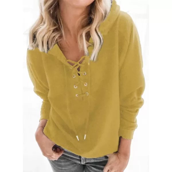 Dokotoo Womens 2023 Fashion Lace Up V Neck Drawstring Hoodies Sweatshirt Pullover Tops
