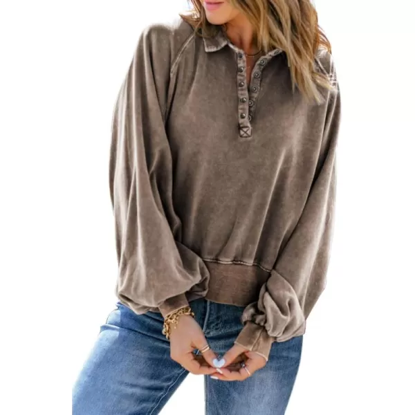 Dokotoo Womens 2023 Fashion Oversized Loose Lantern Sleeve Button Collar Pullover Sweatshirts Tops