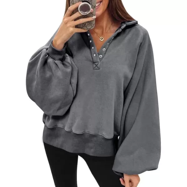 Dokotoo Womens 2023 Fashion Oversized Loose Lantern Sleeve Button Collar Pullover Sweatshirts Tops