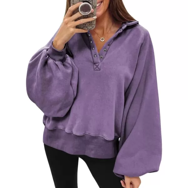 Dokotoo Womens 2023 Fashion Oversized Loose Lantern Sleeve Button Collar Pullover Sweatshirts Tops