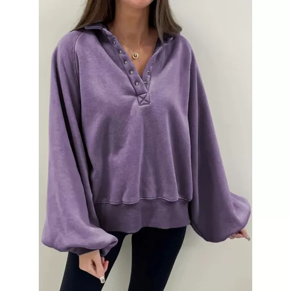 Dokotoo Womens 2023 Fashion Oversized Loose Lantern Sleeve Button Collar Pullover Sweatshirts Tops